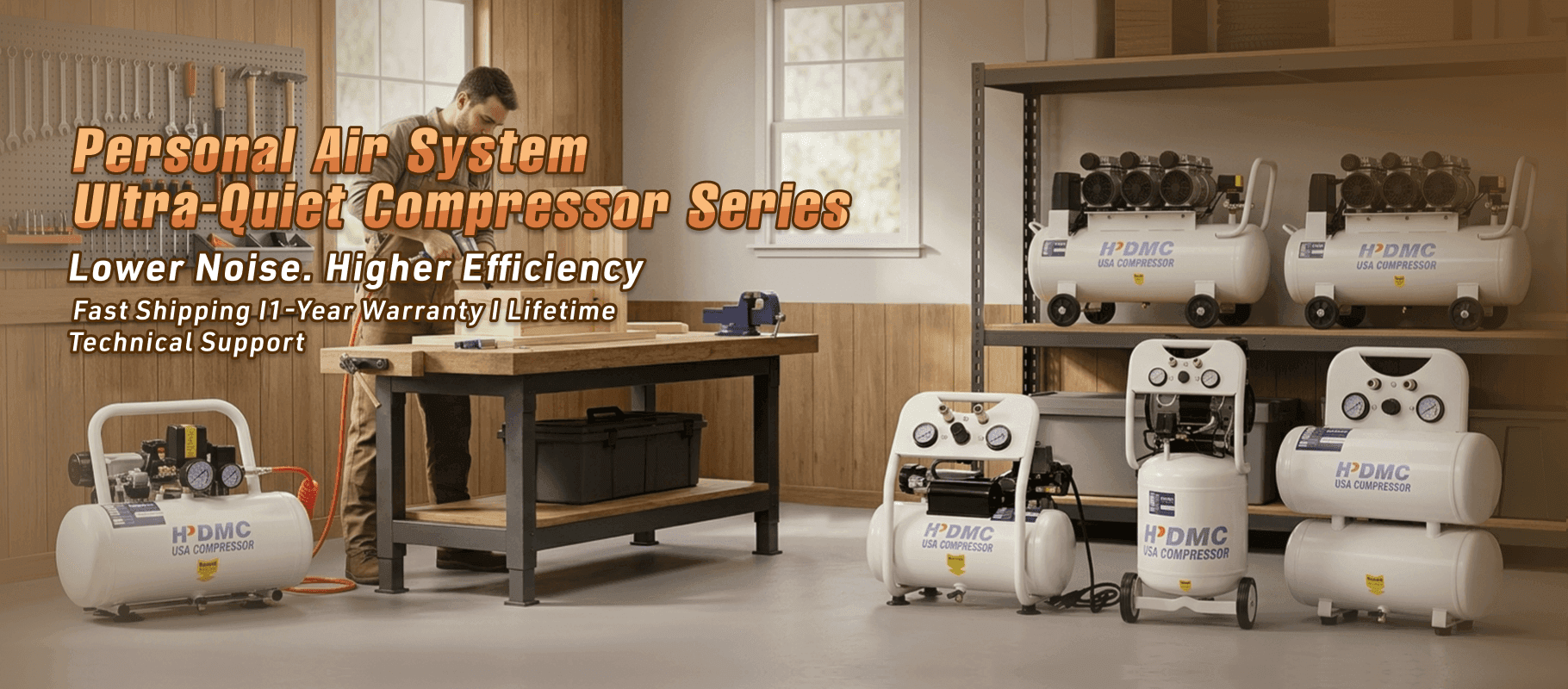 Workshop scene featuring HPDMC ultra-quiet air compressors, a man at a workbench.