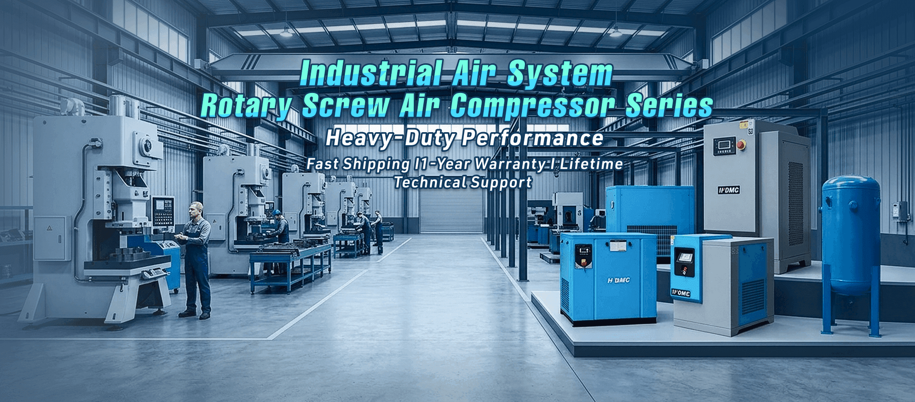 Modern industrial factory showcasing blue rotary screw air compressors with worker operating machinery.