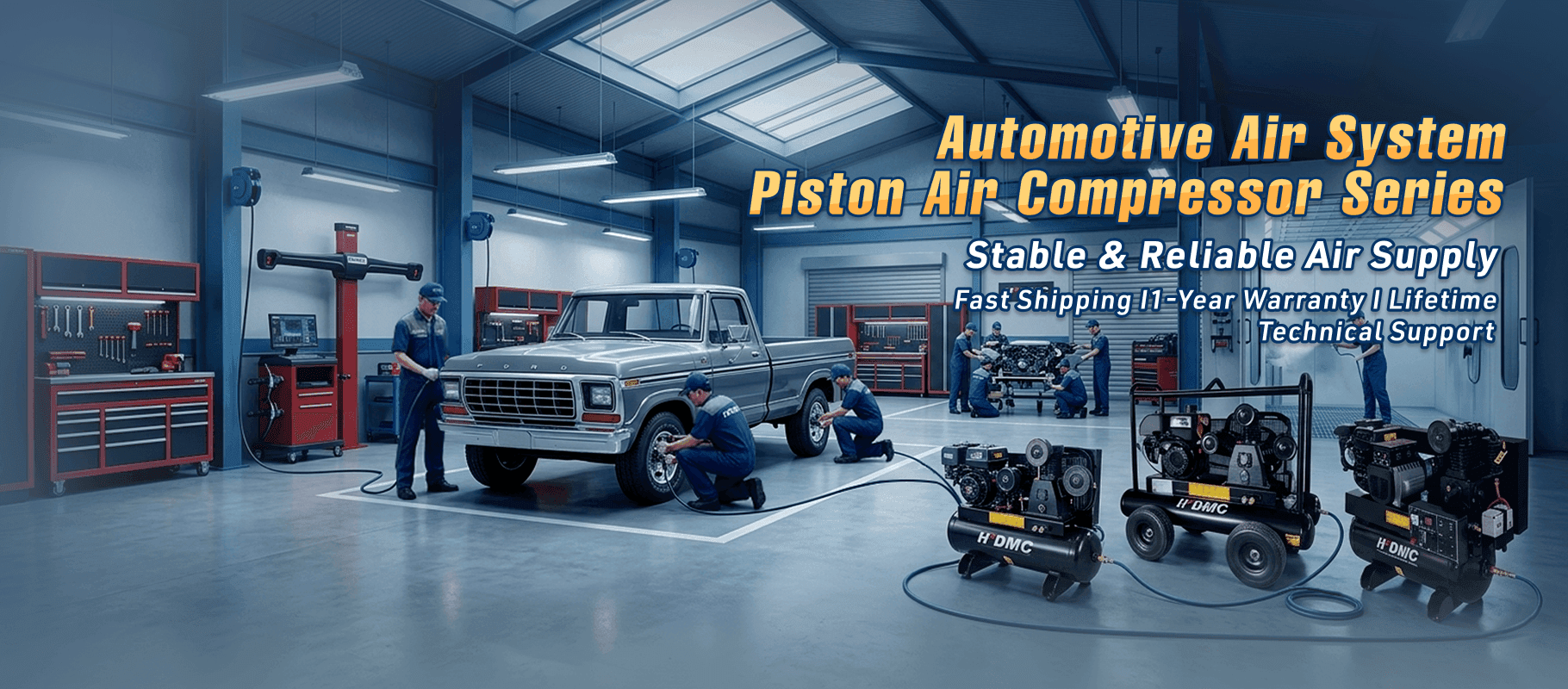 Modern auto workshop with mechanics servicing a pickup truck beside industrial piston air compressors.